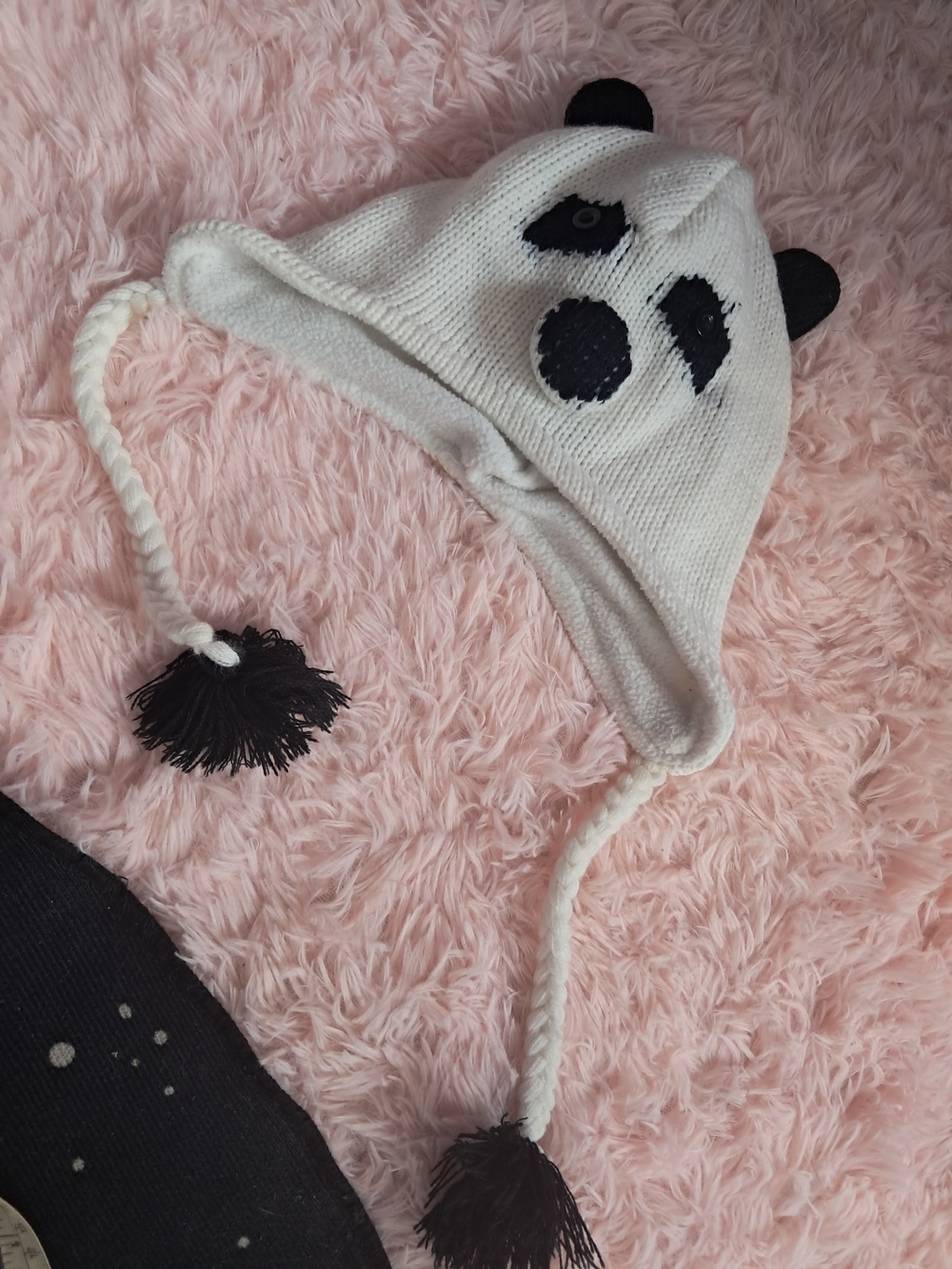 Spencer's White Panda Earflap Knit Hat with Black Accents